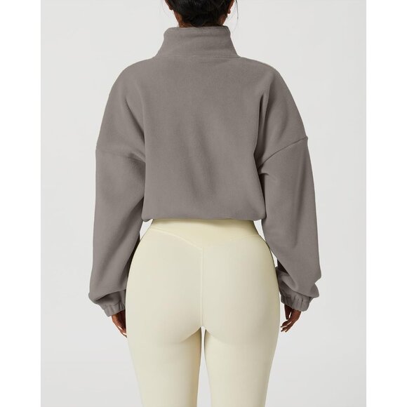 Women's Light Grey Zip Fleece Warm Winter Long Sleeve Stand Collar Sherpa Jacket - Picture 5 of 5